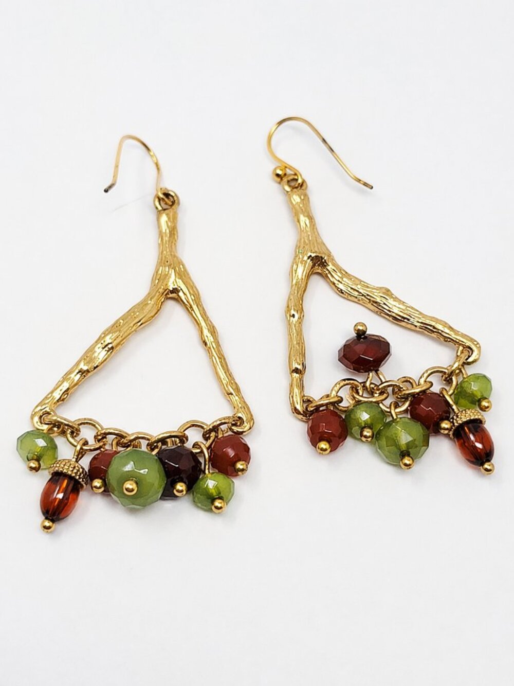 #37 Gold Tone Branch Hoop Earrings Glass Bead Dangle Boho Statement